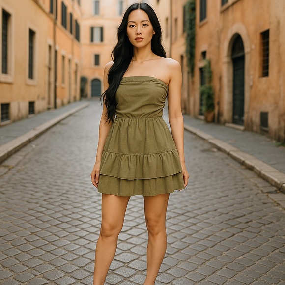 Tiered Ruffle Dress Strapless Mini Dress Green Party Cocktail Dress - Picture 8 of 8